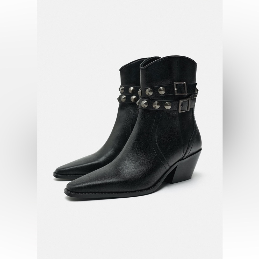 NWT Zara LEATHER STRAP COWBOY ANKLE BOOTS - Picture 3 of 10